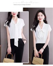 Load image into Gallery viewer, Bow Tie Blouse Shirt for Women OL Elegant Blouses Satin Womens Tops Silk Female Clothing 2023 Korean Fashion Short Sleeve Blouse