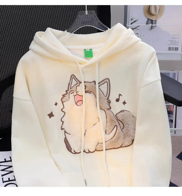 2023 Korean Autumn Winter Cute Cartoon Street Embroidery Design Cat Print Pullover Hoodies Women Men Trend Loose Couples Clothes