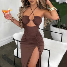 Load image into Gallery viewer, Fashion Sexy Split Dresses Women Summer Black Sleeveless Backless Hollow Out Party Dress Lace-up Halter Slim Elegant Party Dress