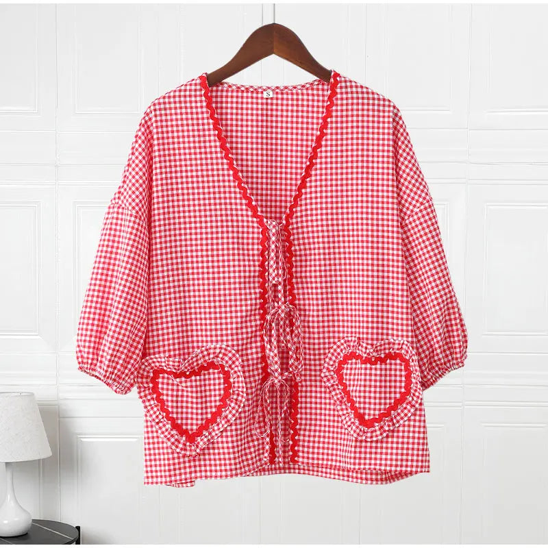 Elegant Plaid Bow Lace Print Women Shirt Fashion Casual Long Lantern Sleeve V Neck Tops 2024 Spring Summer Female Love Outwear