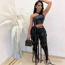 Load image into Gallery viewer, Y2K PU Faux Leather Two Piece Outfits for Women Party Club Matching Sets Ribbons Crop Top and Pants 2 Piece Sets Women Outfits