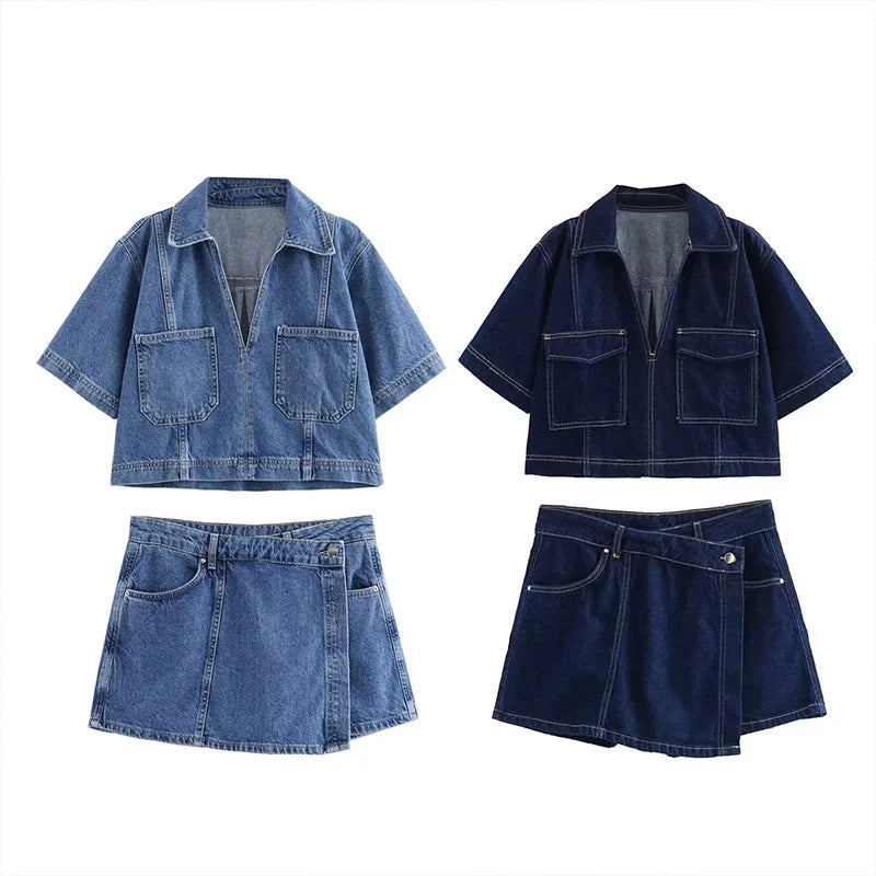 Women's 2024 Summer New Fashion Short Sleeve Cropped Denim Shirt + Retro High Waist Side Pocket Denim Culottes