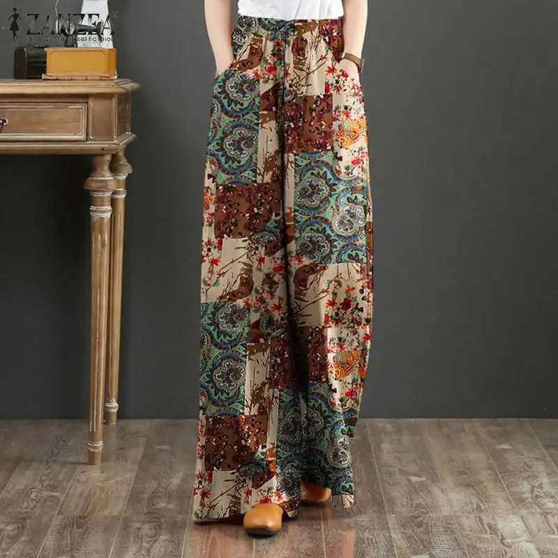 Bohemian Vintage Long Pants ZANZEA Women Wide Leg Trousers Summer High Waist Printed Pantalon Female Elegant Work Palazzo Capris