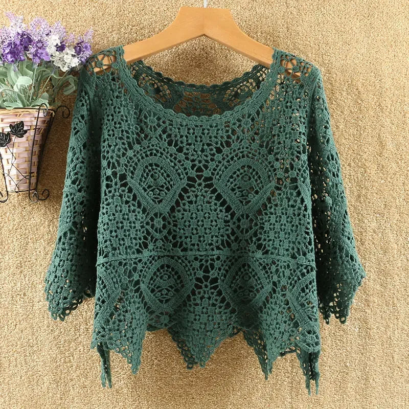 Simple Shawl Hollow-out Sweater Thin Artistic Pullover Blouse Women's Top