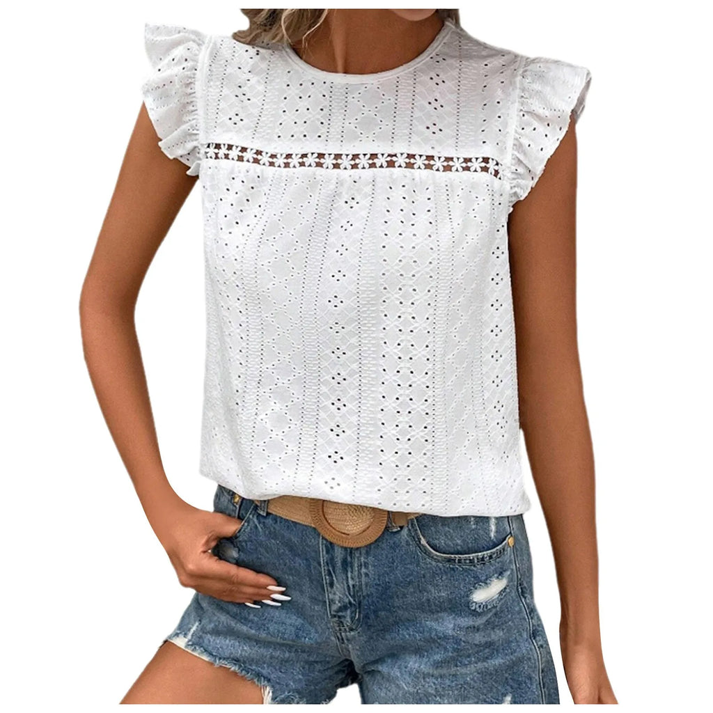 New T Shirts Womens Elegant Fashion Pullover New Lace Hollow Flower Short Sleeve Blouses Round Neck Casual Tops женская одежда