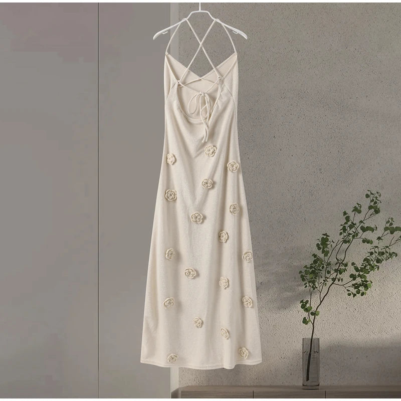 Elegant 3d Flower Knitted Dresses For Women V-neck Backless Sleeveless Lace Up Female Maxi Dress 2024 Summer Lady Beach Robe New