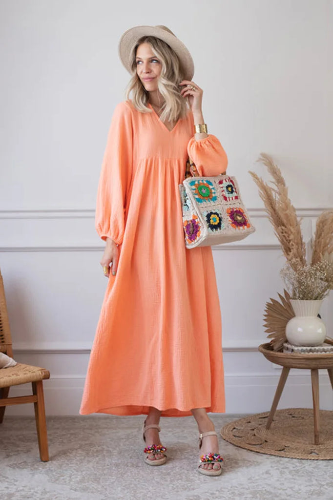 Vintage Dress For Women Muslin 100% Cotton Sexy V-Neck Long Sleeve Casual Loose Maxi Holiday Party Beach Boho Sundress Vestido