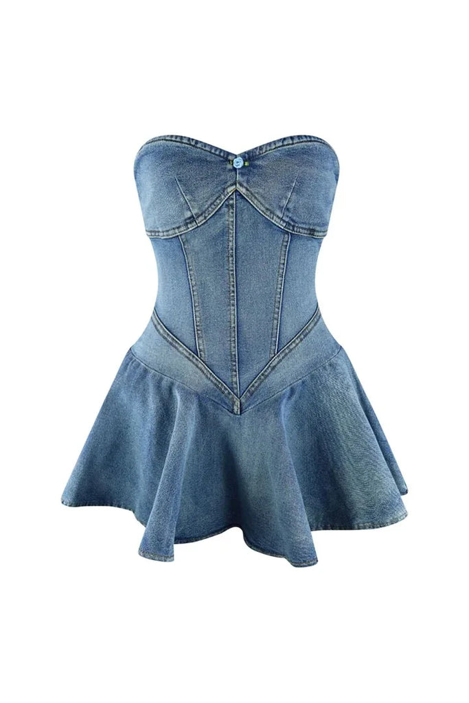 Lovely Lady Denim Club Dress Sexy Women Strapless Elegant Blue Jeans Skater Party Dress