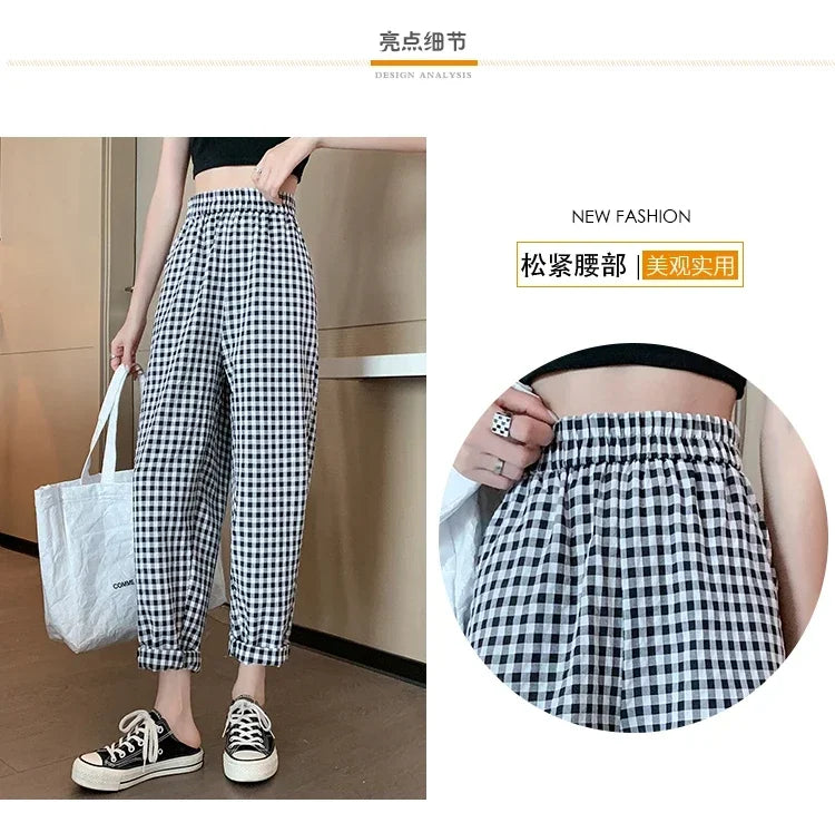 New Women's Checkered Cotton Hemp High Waist Casual Haren Pants Summer Korean Fashion Loose Women Seven Split Wide Leg Pants