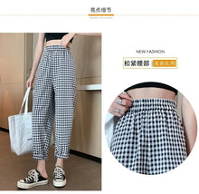 Load image into Gallery viewer, New Women&#39;s Checkered Cotton Hemp High Waist Casual Haren Pants Summer Korean Fashion Loose Women Seven Split Wide Leg Pants