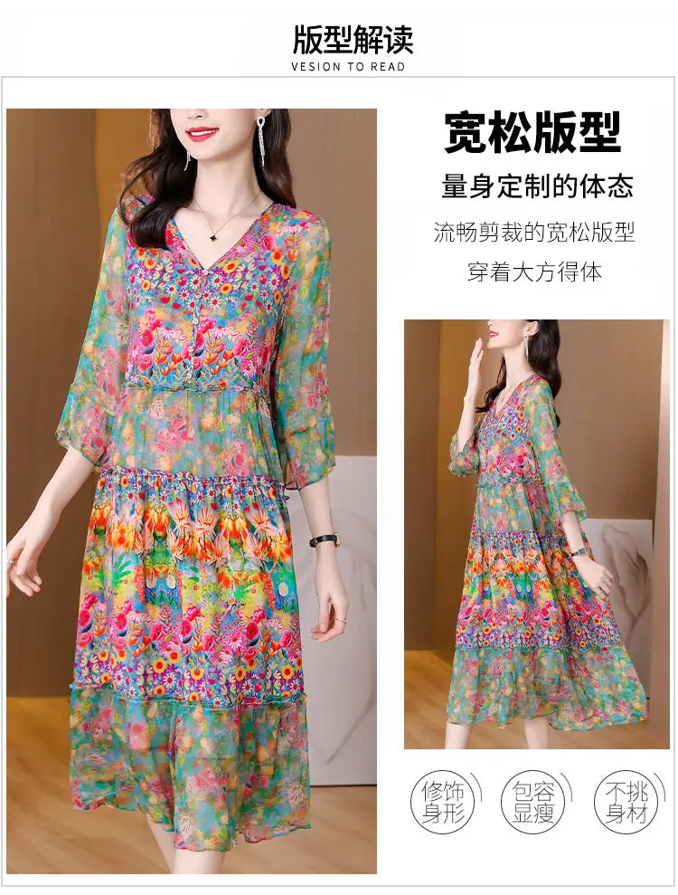 Summer Dress 2023 Woman Silk Floral Dress Elegant Long Beach Vintage Dresses for Women