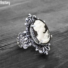 Load image into Gallery viewer, Vintage Leaf Lady Queen Cameo Rings For Women Antique Silver Plated Flower Cross Pink Cameo Ring Fashion Jewelry