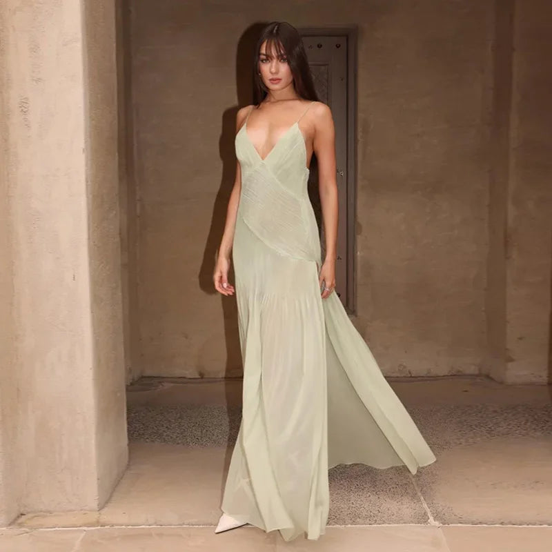 Sexy Backless Party Dress Women Elegant Pleated High Split Maxi Female Beach Dresses 2024 Summer V-neck Sleeveless Lady Robe