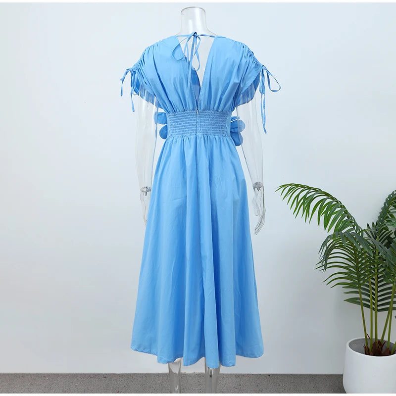 Elegant Blue Women Summer Long Dresses Chic V-neck Waist 3d Flower Embellishment Party Dress Casual Ladies Highstreet Robes