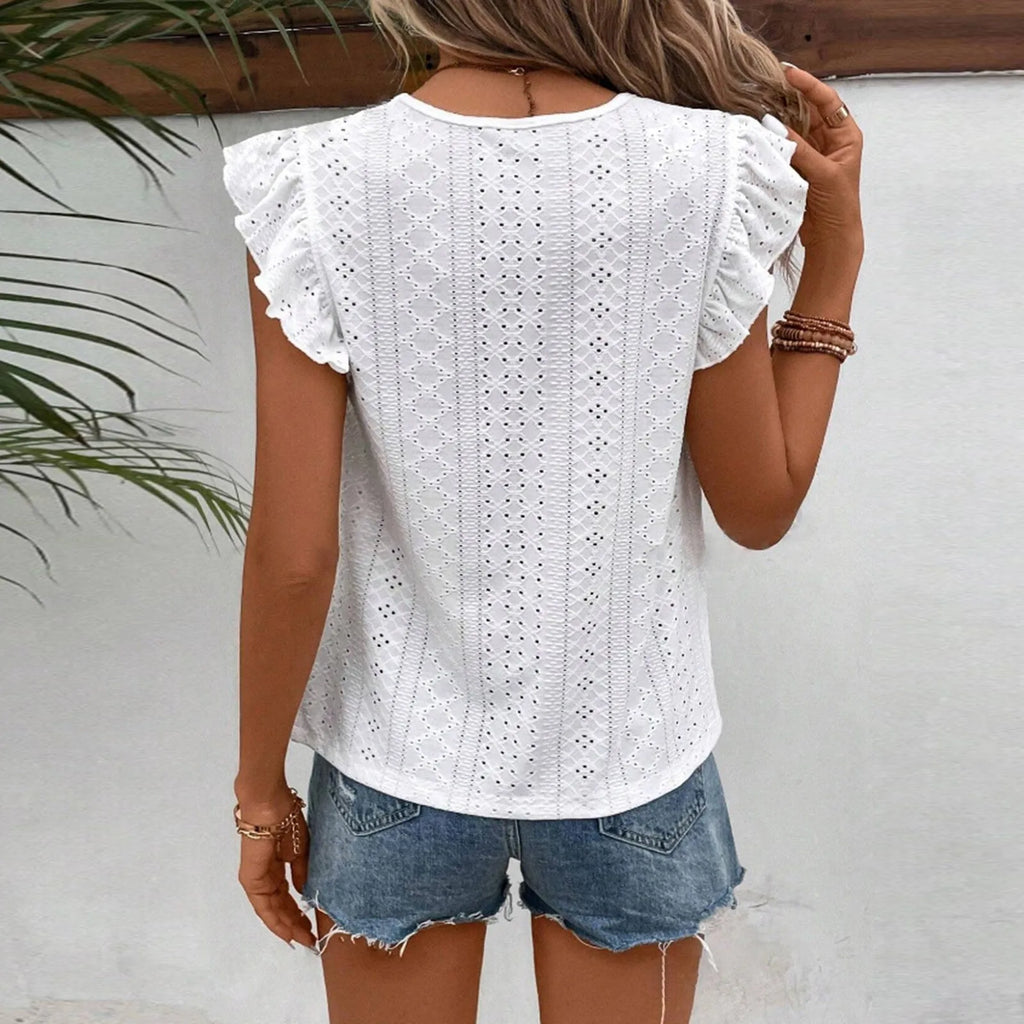 New T Shirts Womens Elegant Fashion Pullover New Lace Hollow Flower Short Sleeve Blouses Round Neck Casual Tops женская одежда