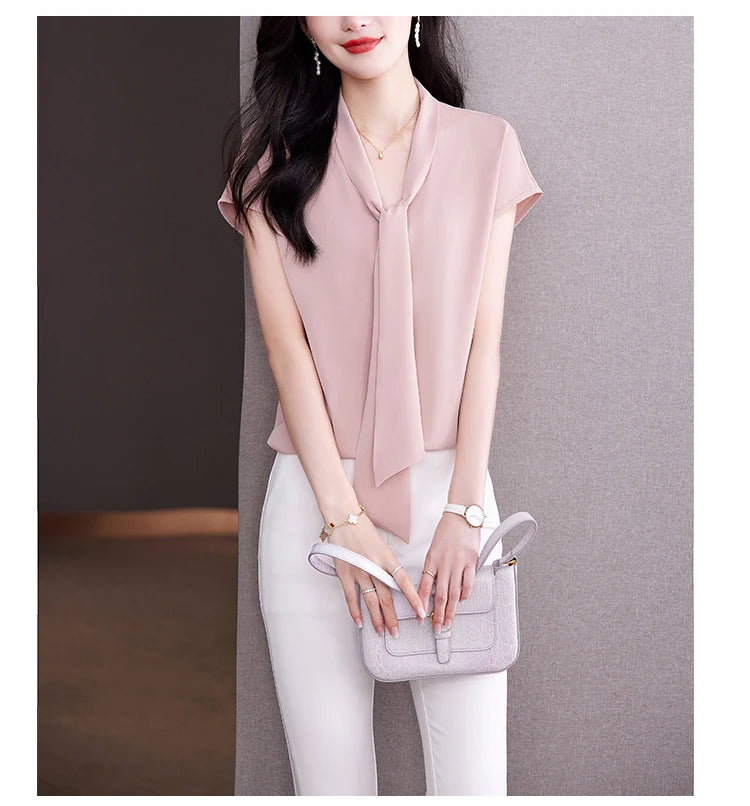 Bow Tie Blouse Shirt for Women OL Elegant Blouses Satin Womens Tops Silk Female Clothing 2023 Korean Fashion Short Sleeve Blouse