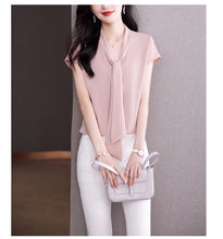 Load image into Gallery viewer, Bow Tie Blouse Shirt for Women OL Elegant Blouses Satin Womens Tops Silk Female Clothing 2023 Korean Fashion Short Sleeve Blouse