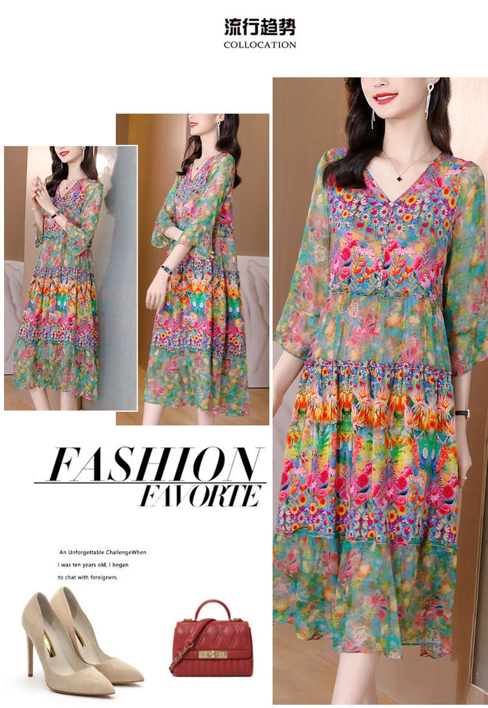 Summer Dress 2023 Woman Silk Floral Dress Elegant Long Beach Vintage Dresses for Women