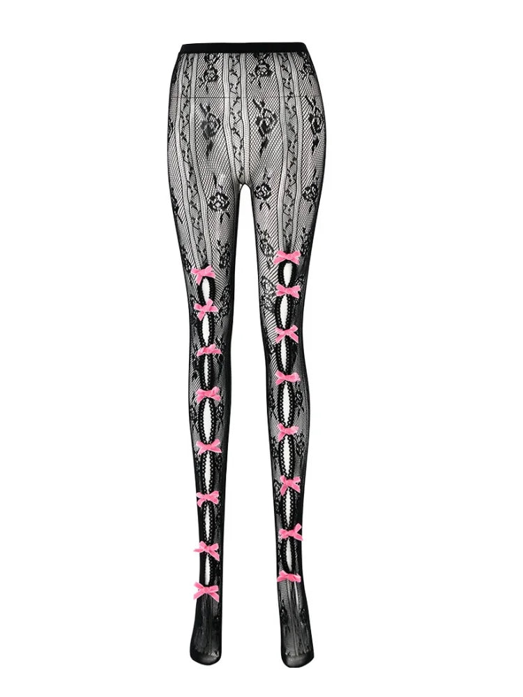 Joskaa Sexy Bowknot Stretch Long Socks Lace Leggings Women Hipster Cutout Elastic Waist Tight Foot Pants 2024 Summer Clubwear