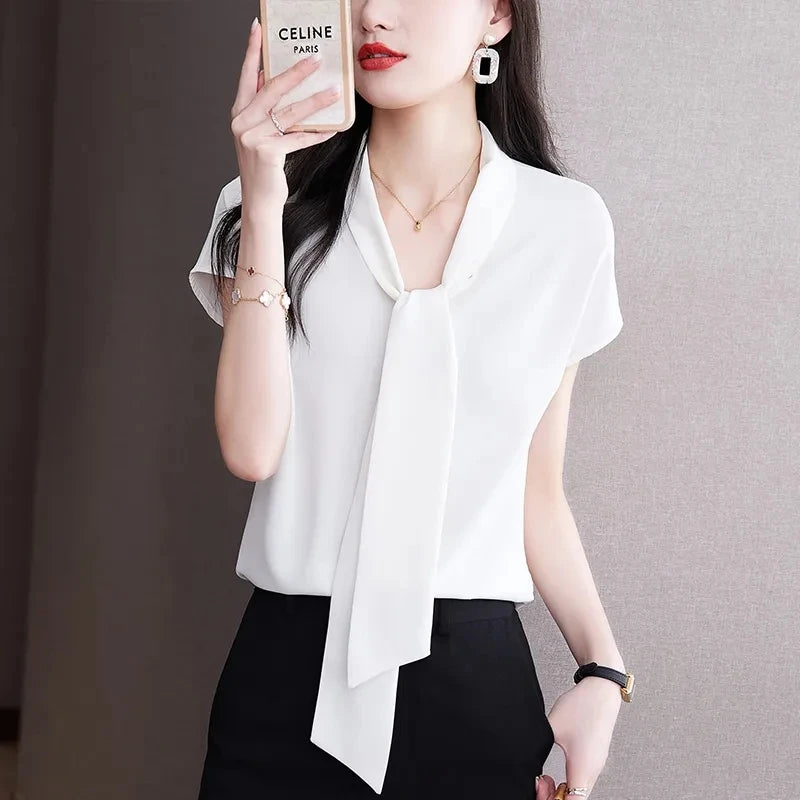 Bow Tie Blouse Shirt for Women OL Elegant Blouses Satin Womens Tops Silk Female Clothing 2023 Korean Fashion Short Sleeve Blouse