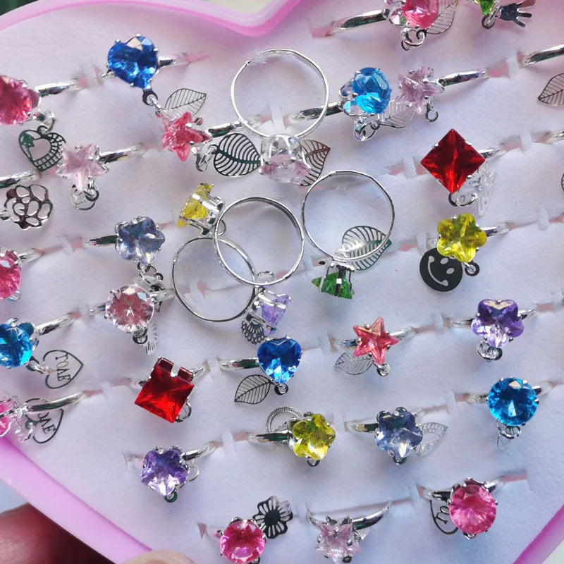 12/36PCS/set Adjustable Kids Crystal Rings Jewelry Heart Star Square Open Finger Ring For Children Girl Party Gift