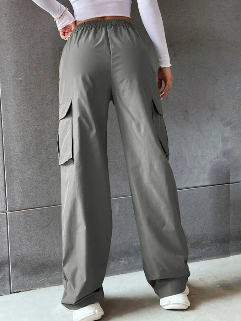 Women's Wide Leg Cargo Pants with Solid Flap Pockets and Loose Fit