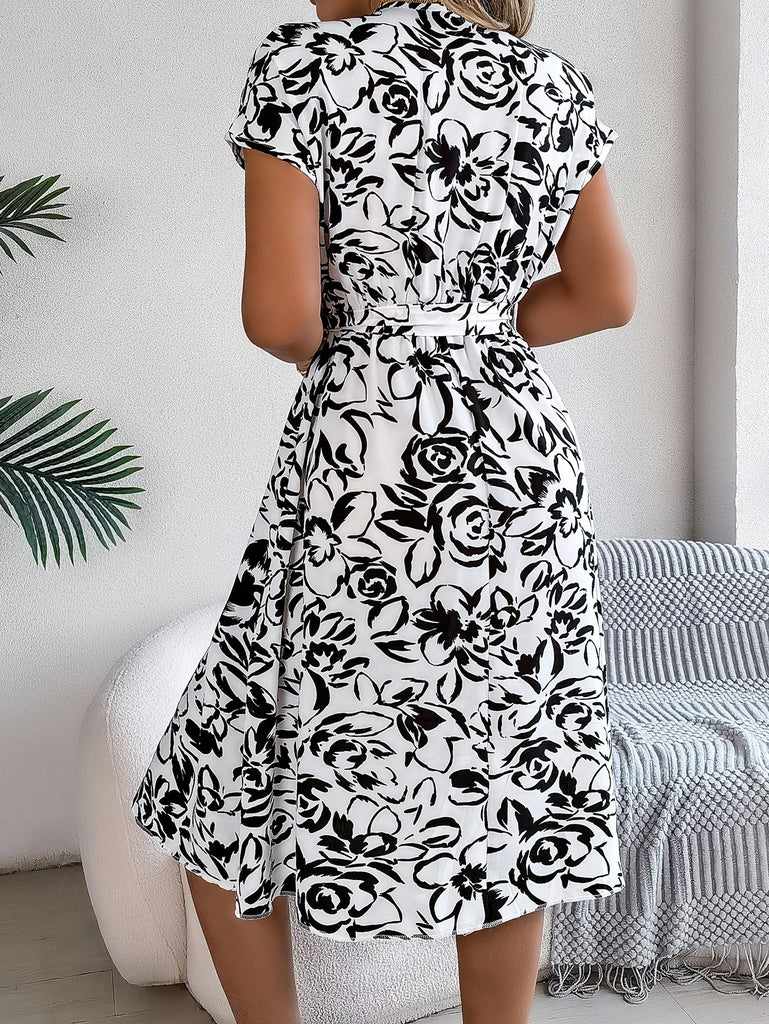 Spring Summer Casual Dresses for Women Button V-Neck Flower Printed Short Sleeve A-line Dress