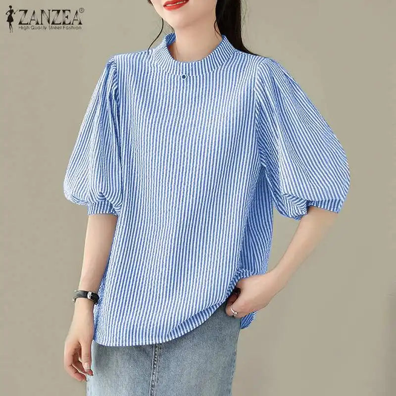 ZANZEA Women Summer Elegant Striped Shirt Fashion 3/4 Lantern Sleeve Blouse Office Work Tops Casual Female Loose Party Blusas