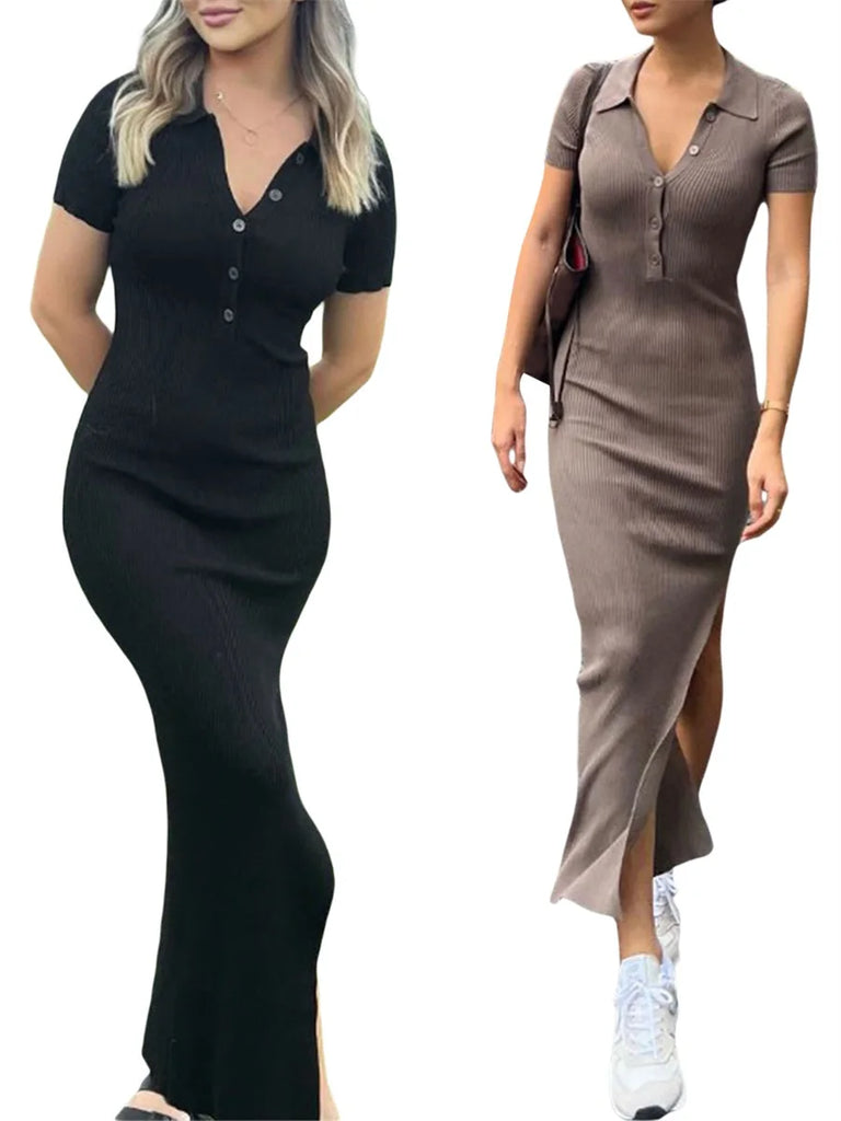 Women Button Down Bodycon Maxi Dress Short Sleeve Collar V Neck Split Long Sweater Dress Ribbed Knit Pencil Dress