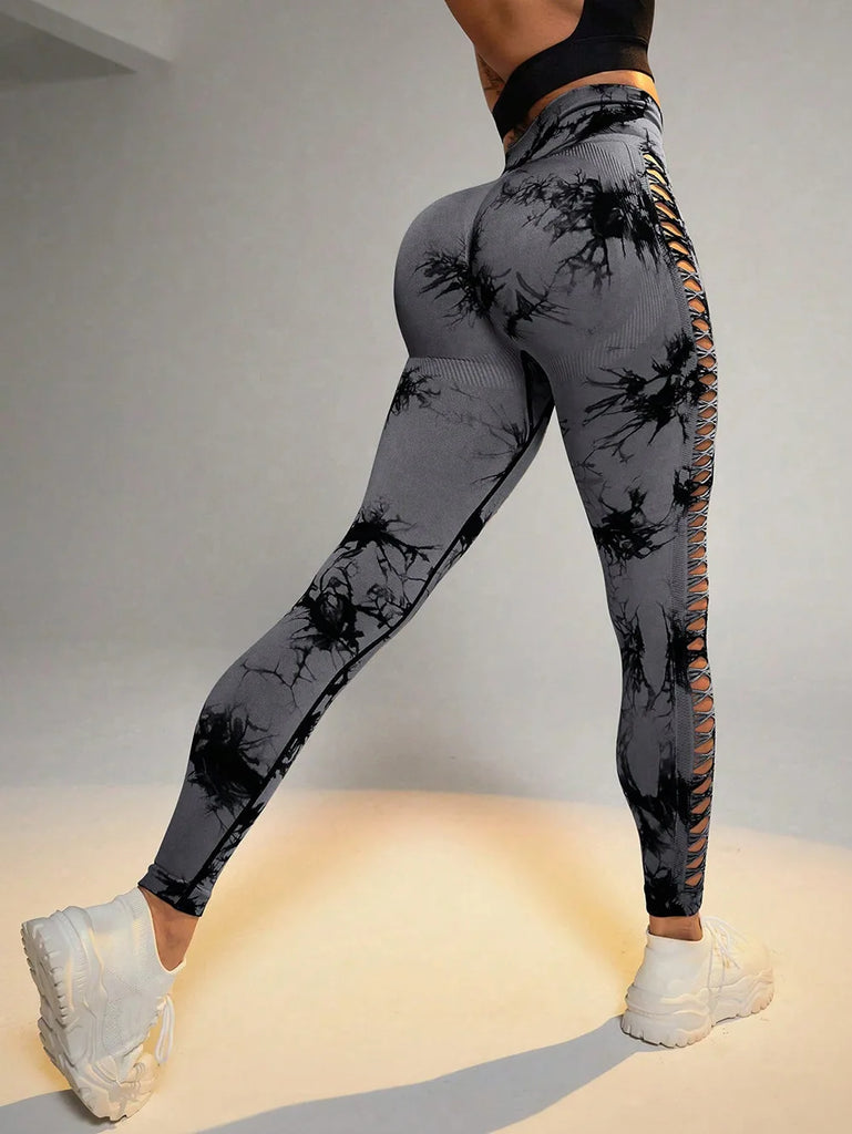 Women Tie Dye Mesh Leggings Sports Hollow Out Yoga Pants Fitness Sportswear Sexy High Waist Push Up Gym Tights Running Leggings