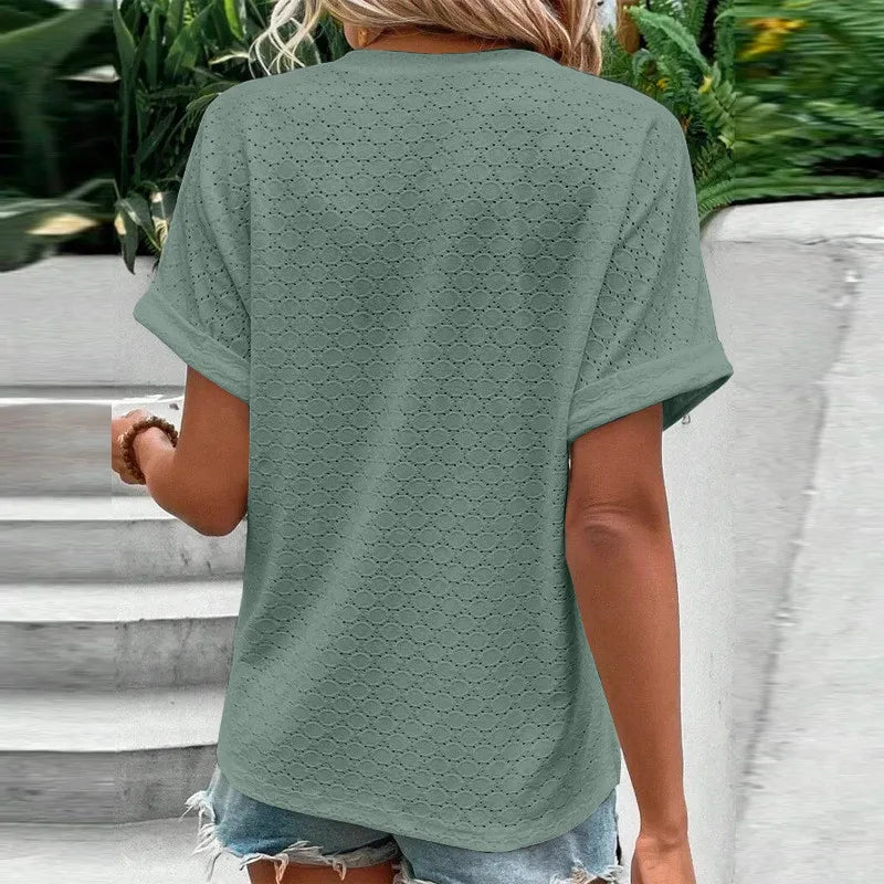 2023 New Fashion Women Blouses Casual Jacquard Button V-Neck Solid Loose Shirts Summer Short Sleeve Oversized Tops Female