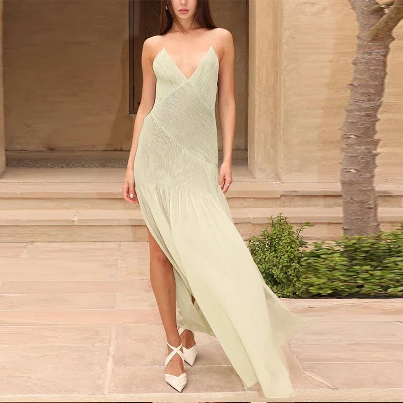 Sexy Backless Party Dress Women Elegant Pleated High Split Maxi Female Beach Dresses 2024 Summer V-neck Sleeveless Lady Robe