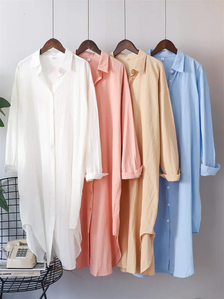 Syiwidii White Shirts Dress for Women Oversized Casual Cotton Loose Dresses Long Sleeve Button Up Blue Midi Long Blouses Dress