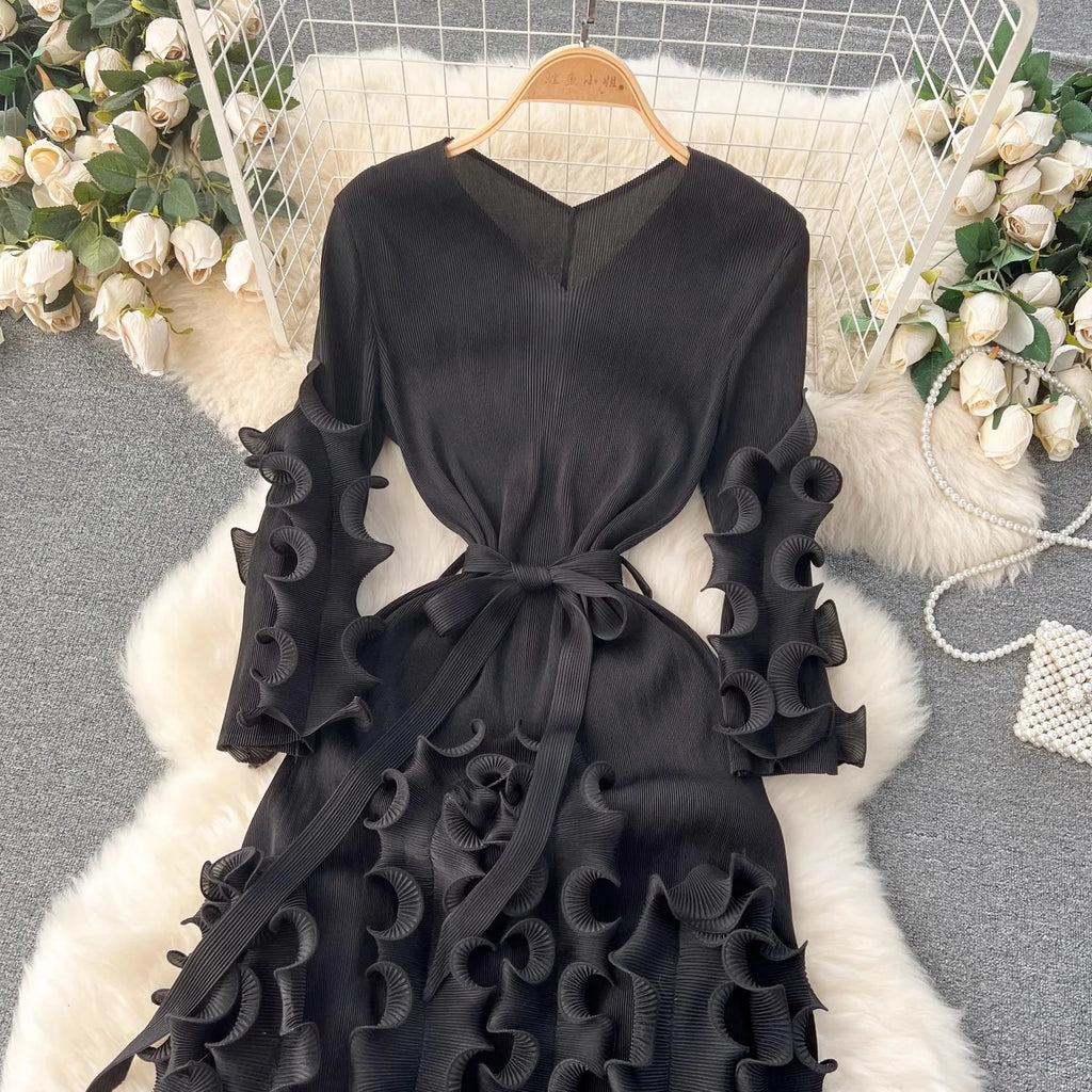 Summer Holiday 3D Ruffled Edge Draped Pleated Dress Women's V Neck Solid Color Oversized High Sretch Lace Up Party Vestidos