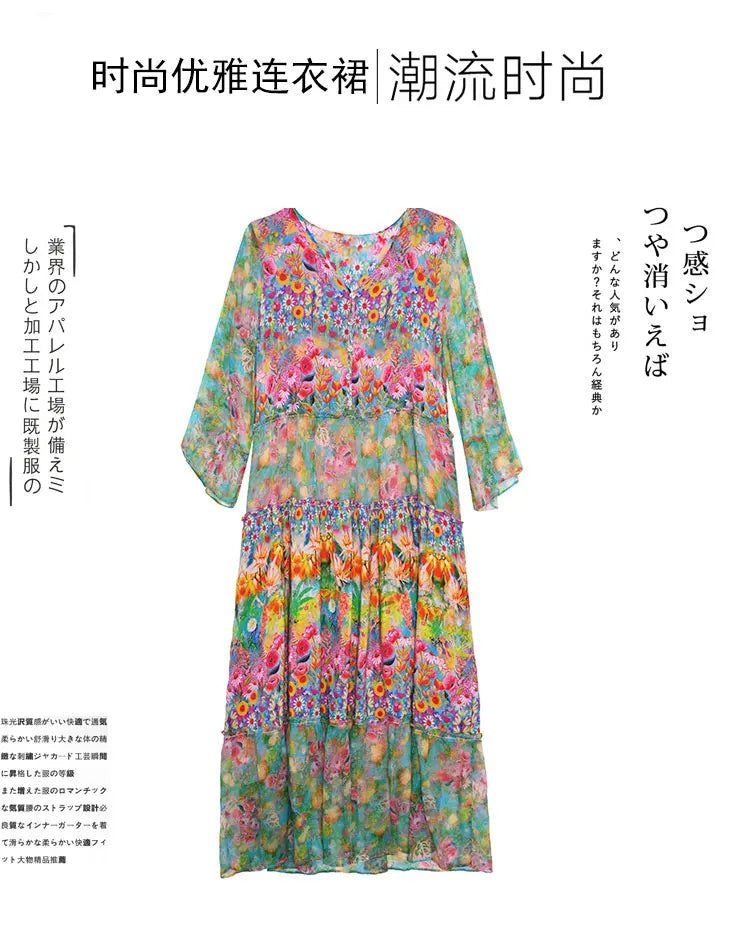 Summer Dress 2023 Woman Silk Floral Dress Elegant Long Beach Vintage Dresses for Women