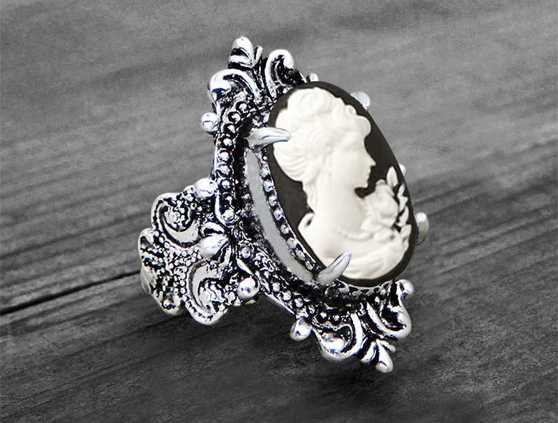 Vintage Leaf Lady Queen Cameo Rings For Women Antique Silver Plated Flower Cross Pink Cameo Ring Fashion Jewelry