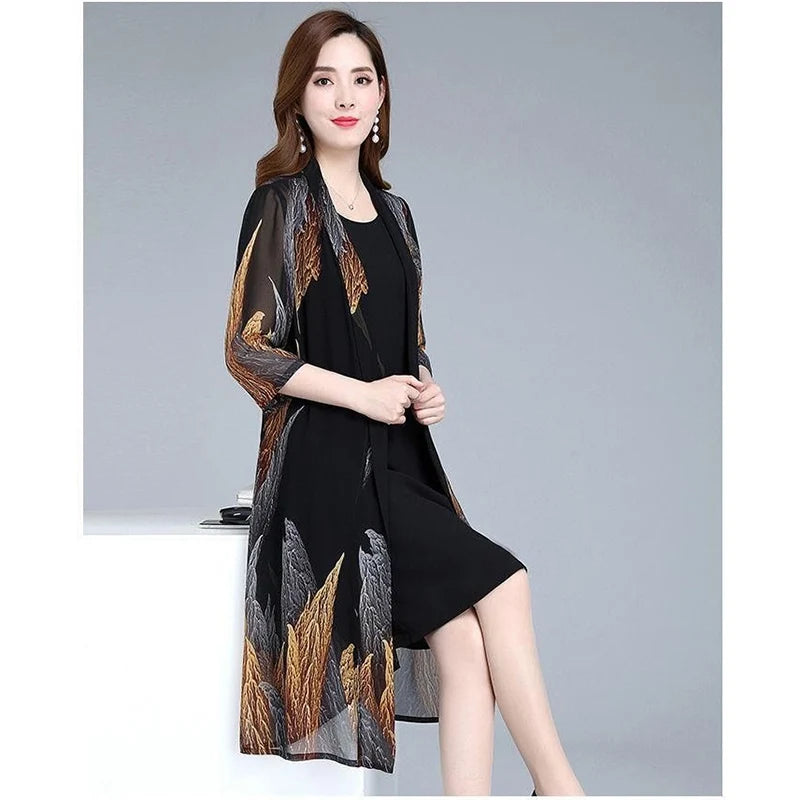 Women Chiffon Dress Set  Summer 2 Piece Set Fashion Sunscreen Cardigan Jacket Mother Elegant Lace Dress Suit Noble Femme 4XL