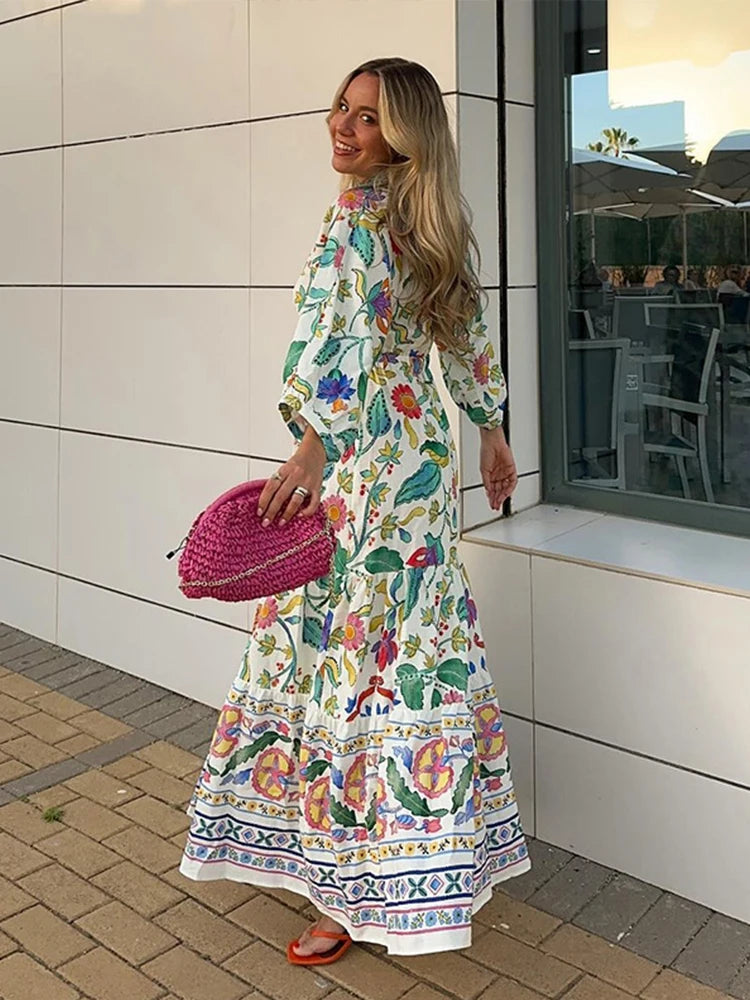 Flower Printed Hollow Out Women's Maxi Dresses Elegant V Neck Long Sleeves Lady Dress 2024 New Summer Vacation Beach Party Robes