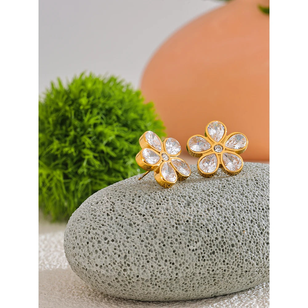 Yhpup AAA Bling Cubic Zirconia Flower Golden Stud Earrings for Women 316L Stainless Steel Fashion Shiny Jewelry Waterproof