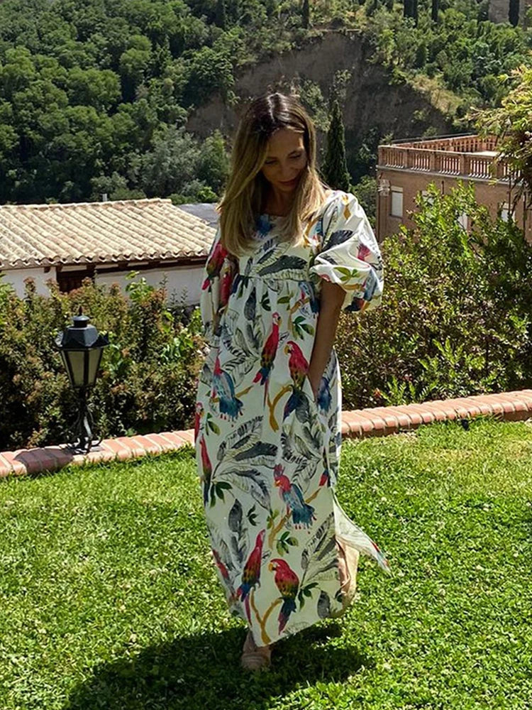 Vintage Print Patchwork Long Dresses Women Fashion Lantern Shorts Sleeves Loose Maxi Dress 2024 Lady Casual Vacation Streetwear