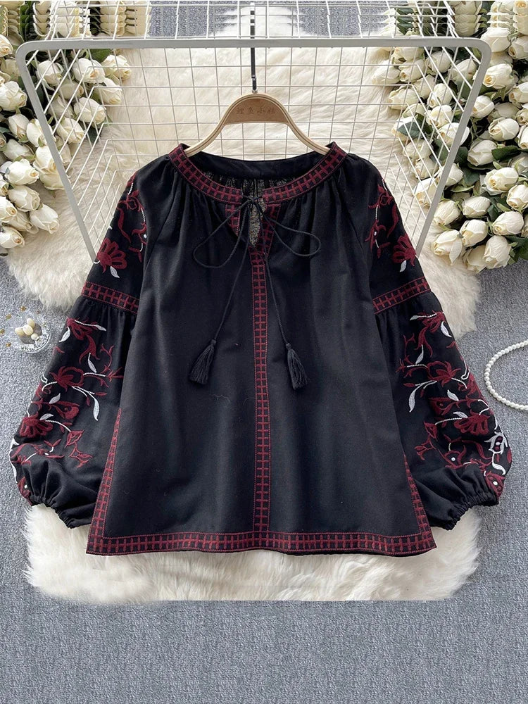 Women's Retro Blouse National Style Embroidered Lace-Up Tassel V-Neck Lantern Sleeve Tops Loose All-Match Female Blusa A02