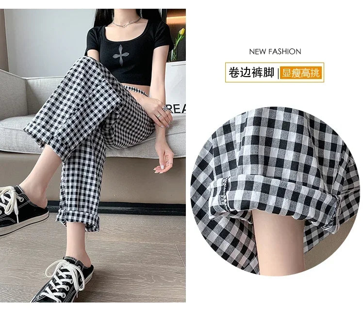 New Women's Checkered Cotton Hemp High Waist Casual Haren Pants Summer Korean Fashion Loose Women Seven Split Wide Leg Pants