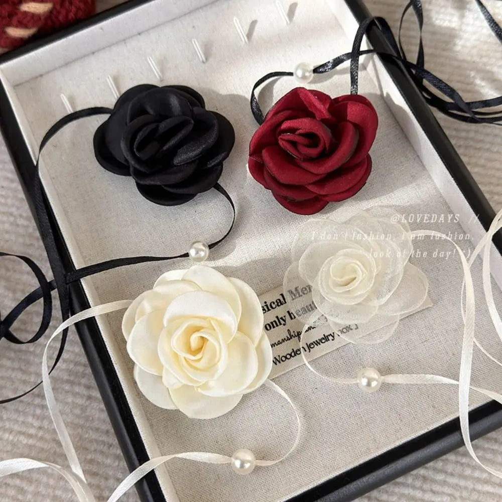 3D Rose Flower Women Choker Necklace Retro Black White Elegant Lace Up Rose Necklace Strappy Collar Necklace Party Supplies