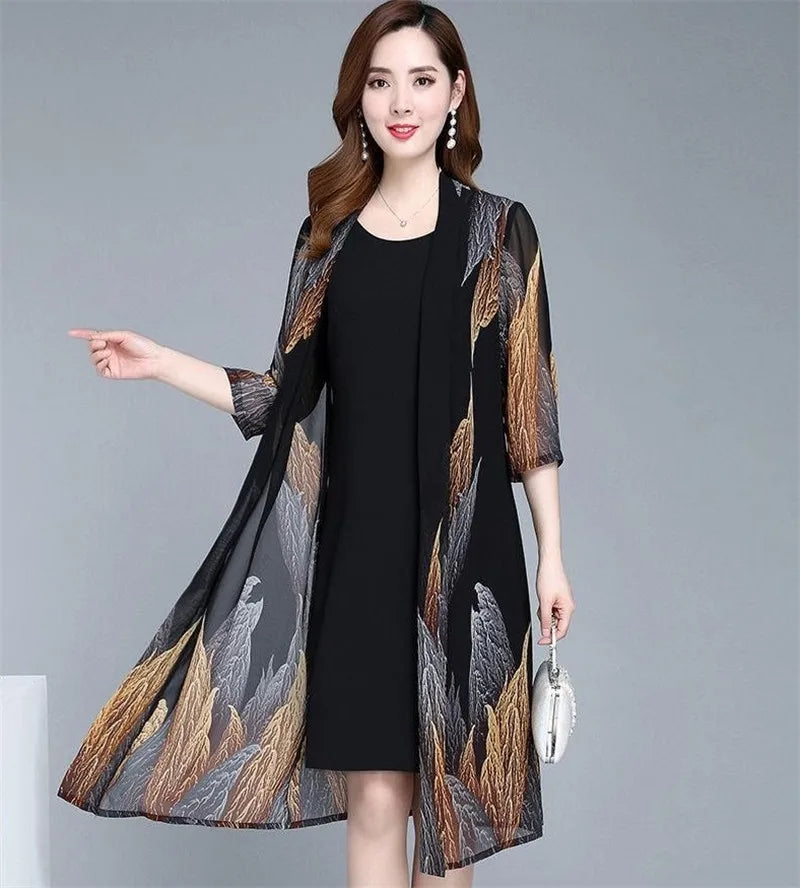 Women Chiffon Dress Set  Summer 2 Piece Set Fashion Sunscreen Cardigan Jacket Mother Elegant Lace Dress Suit Noble Femme 4XL