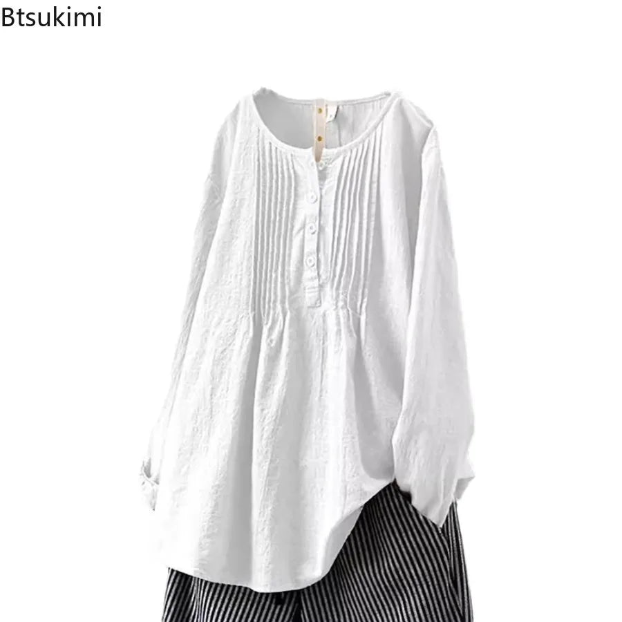 2024 Korean Style Temperament Blouse for Women Fashion O-neck Pleated Long-sleeved Casual Shirts Females Loose Cotton Linen Tops