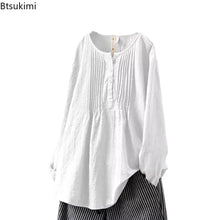 Load image into Gallery viewer, 2024 Korean Style Temperament Blouse for Women Fashion O-neck Pleated Long-sleeved Casual Shirts Females Loose Cotton Linen Tops