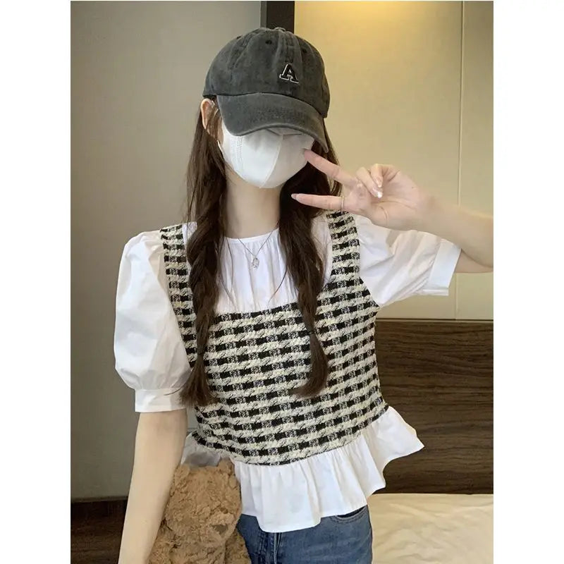 Sweet Spliced Ruffles Striped Puff Sleeve Fake Two Piece Blouse Women's Clothing 2023 Summer New Casual Pullovers Plaid Shirt