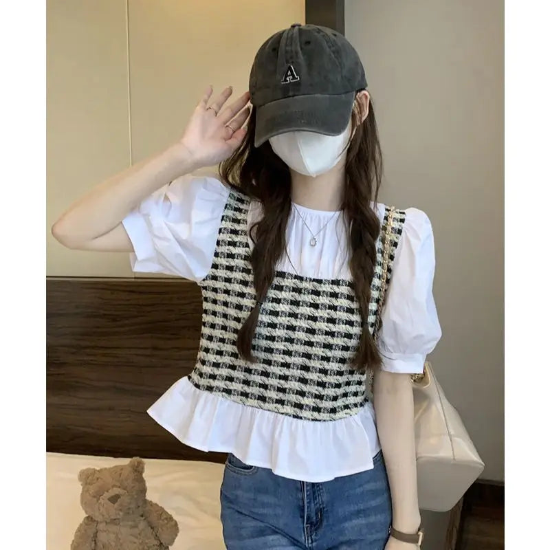 Sweet Spliced Ruffles Striped Puff Sleeve Fake Two Piece Blouse Women's Clothing 2023 Summer New Casual Pullovers Plaid Shirt