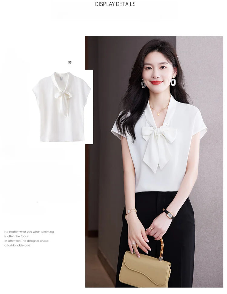 Bow Tie Blouse Shirt for Women OL Elegant Blouses Satin Womens Tops Silk Female Clothing 2023 Korean Fashion Short Sleeve Blouse