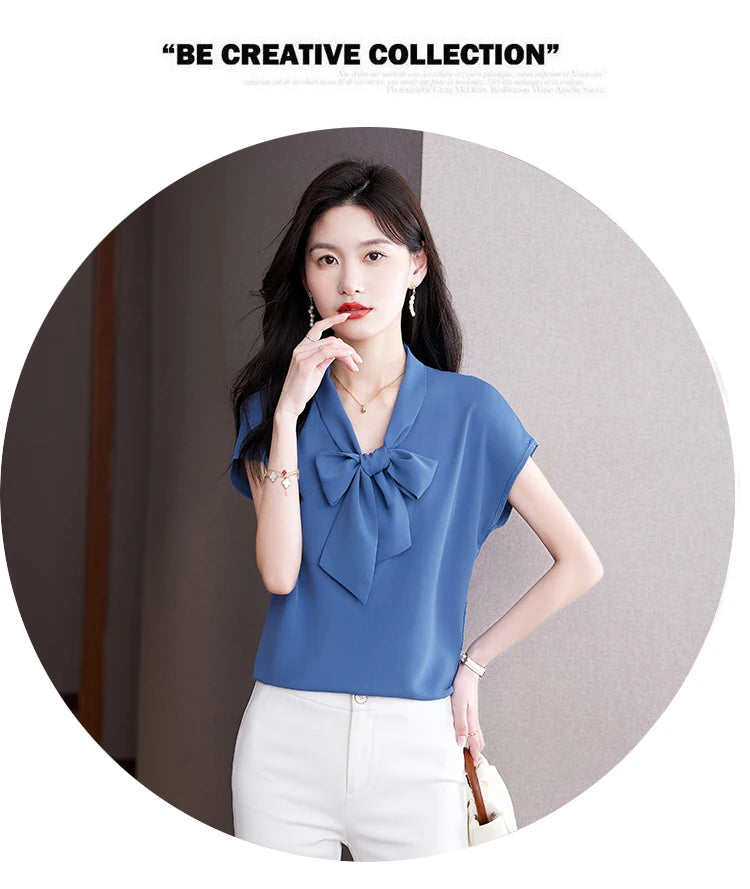 Bow Tie Blouse Shirt for Women OL Elegant Blouses Satin Womens Tops Silk Female Clothing 2023 Korean Fashion Short Sleeve Blouse